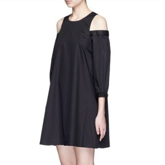 Tibi Satin Poplin Cold Shoulder Shift Dress Black 4 minimal preppy contemporary - Picture 1 of 11